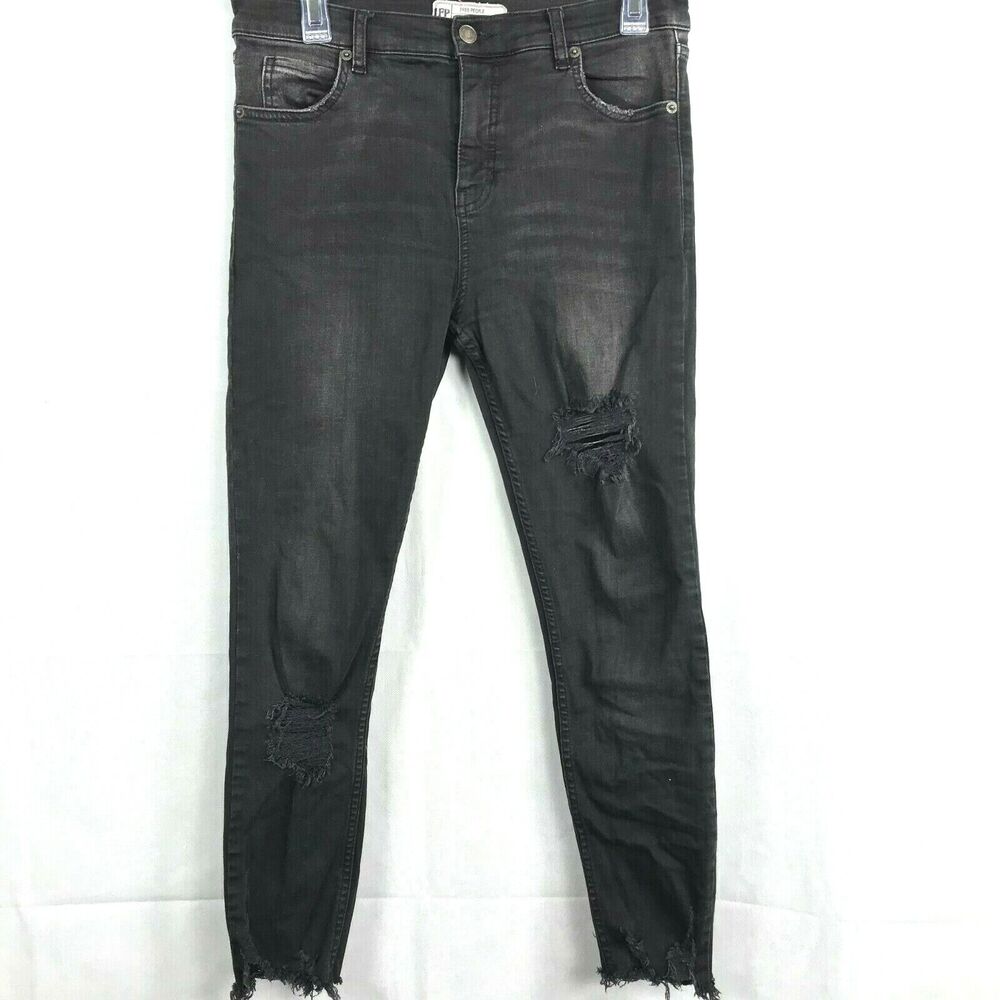 Free People Jeans Womens‎ Sz 29 Black Distressed High Rise Skinny Crop Ripped